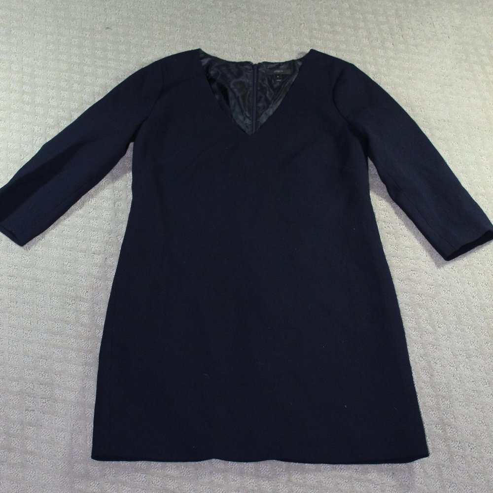 J. Crew Size 2 Wool Crepe Knee Length Navy Blue V-Neck 3/4 Sleeve Dress
